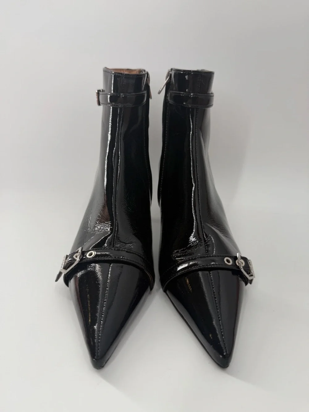 Ganni Black Eyelets Buckled Vinyl Leather Pointed Toe Kitten Heel Ankle Boots